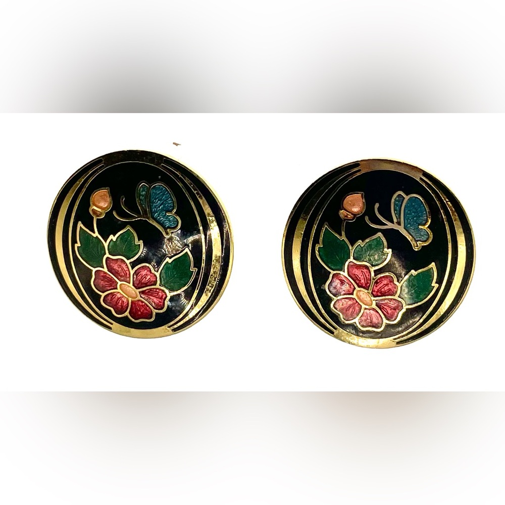 3 for $30 VTG 1980s Cloisonne Red Black Floral Flower Butterfly Clip On Earrings - Picture 4 of 7